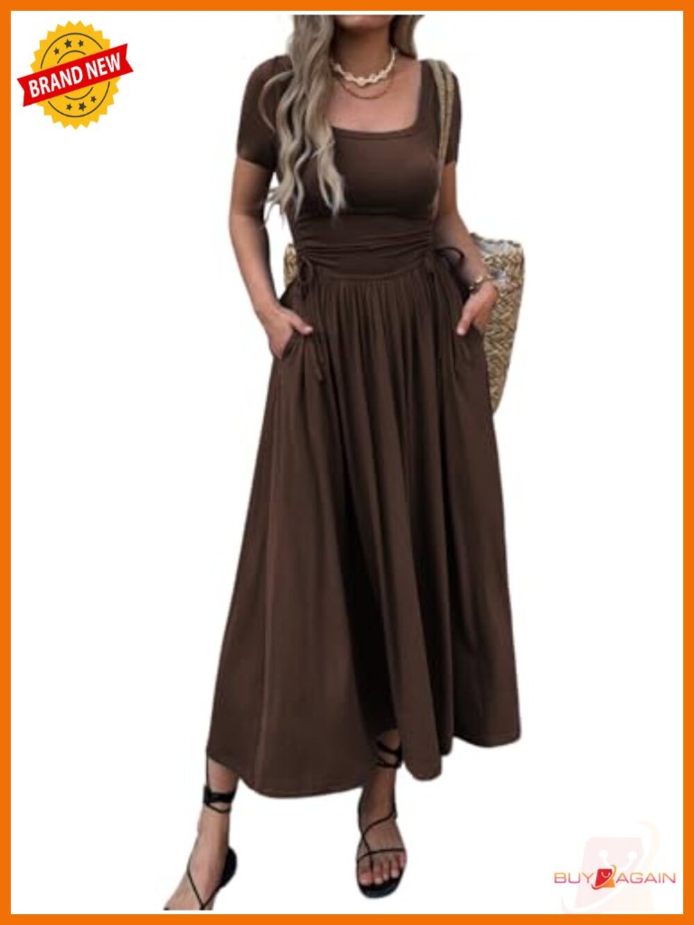 Women's Short Sleeve Maxi Dress Bodycon Adjustable Waist Flowy Hem with Pockets